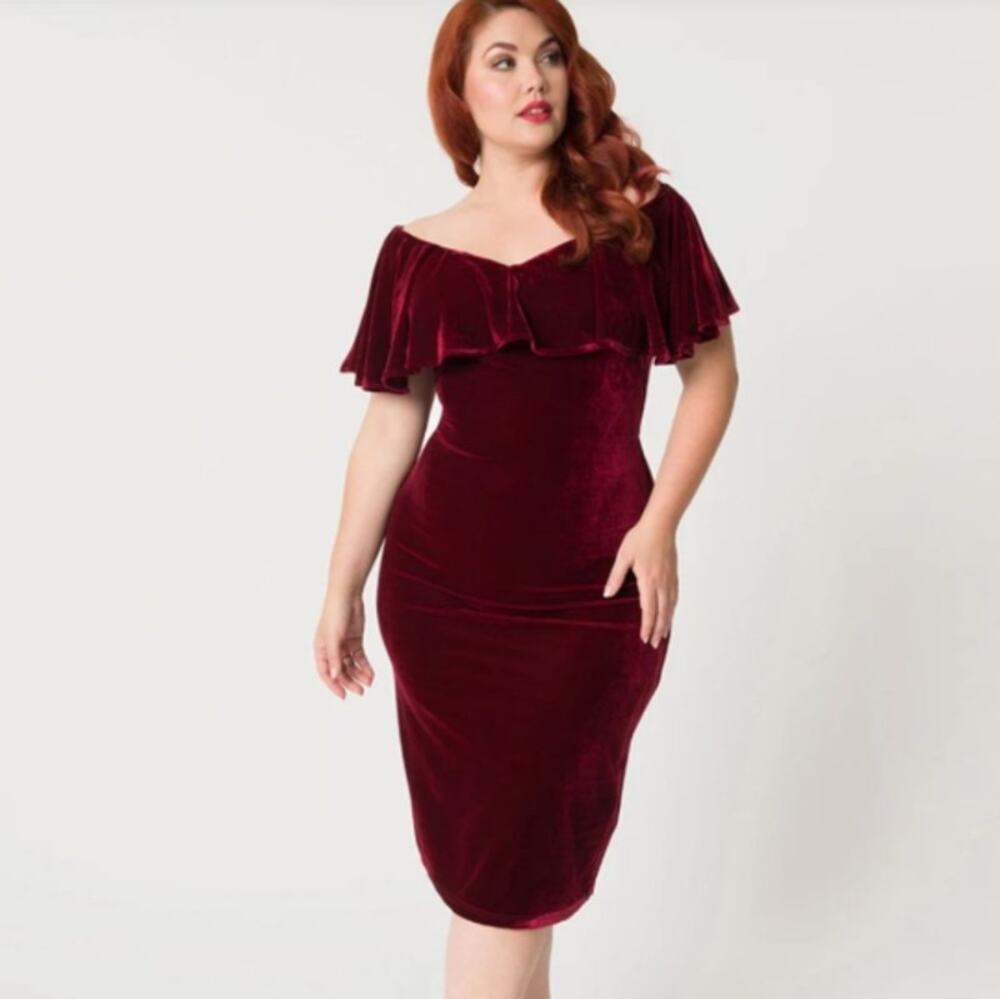 Unique Vintage Knit Ruffle Sophia Wiggle Dress Womens Sz Large Velvet Retro Midi